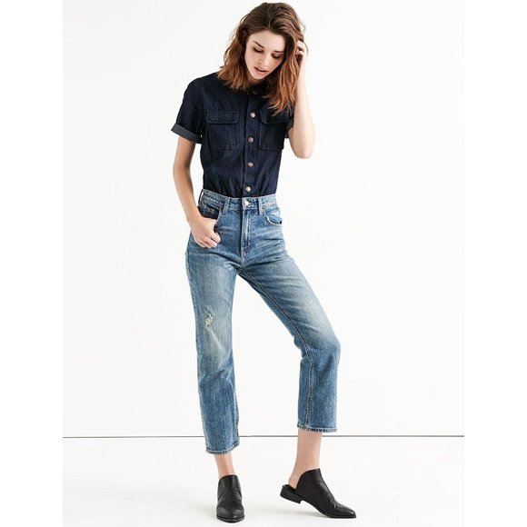 New $139 Lucky Brand Women's Two-Tone Distressed Denim Disco Jumpsuit Size 27 - Picture 1 of 3